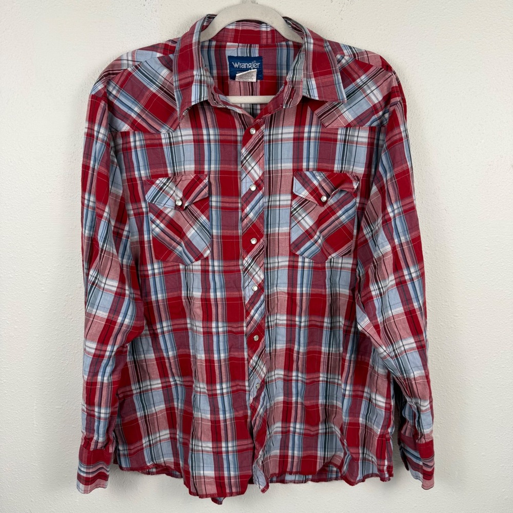 Wrangler Mens Western Pearl Snap Shirt XL Red Blue Plaid Long Sleeve 75204RD‎